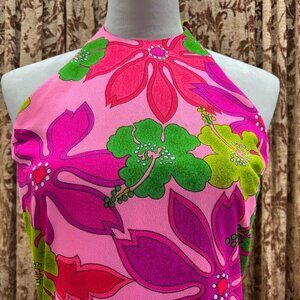 Vintage 60s 70s Pomare Tahiti Maxi Dress Hawaii Floral Bright Electric Colors